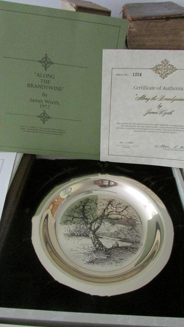 Jamie Wyeth Along The Brandywine Sterling Silver Plate: This sterling silver plate comes with original box and certificate of authenticity.from the Franklin Mint. Issued in 1972 and is #1254. Measures 8" in diameter and weighs 7.0 ounces or 200 grams.