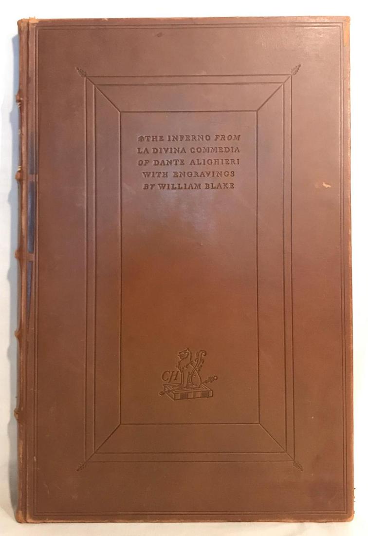 "The Inferno From La Davina Commedia of Dante: "The Inferno From La Davina Commedia of Dante Alighieri" With Engravings by William Blake. Large leather hard bound book measuring 13"19.5". Printed by Richard W Willis for Cheshire House (New York) i