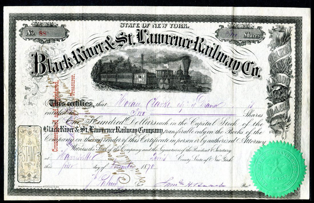 1870 Black River St Lawrence Railway Co Stock Cert (1 of 1)