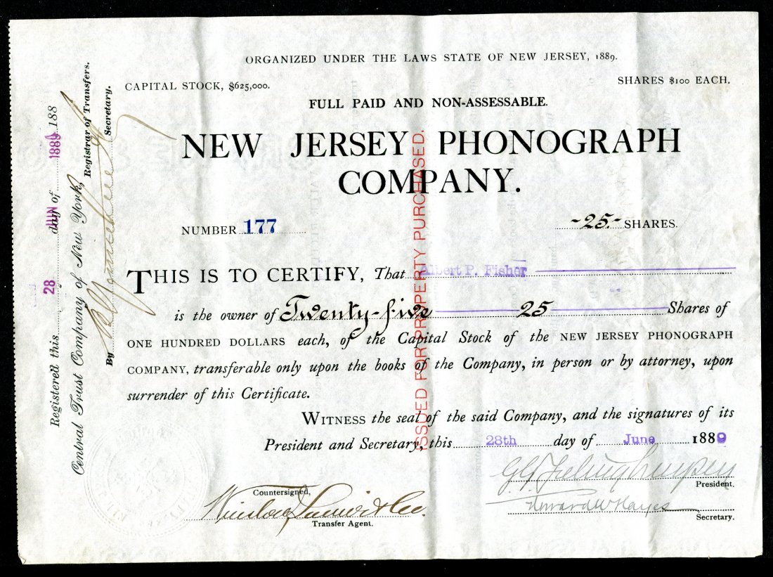 1880 New Jersey Phonograph Co Stock Certificate: Featuring a #177 dated 1880 New Jersey Phonograph company stock certificate for 25 shares. Registered by the Central Trust company of New York. Very nice condition. Clean and bright with no tears or s