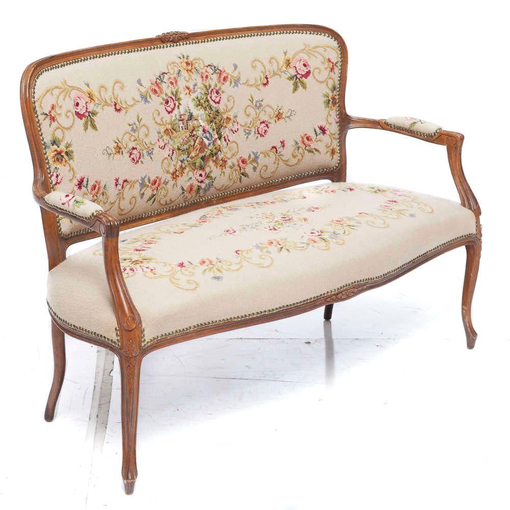 Louis XV-style needlepoint upholstered oak settee: 34.5" tall x 50.5" wide