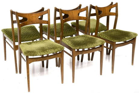 Set of 6 mid-century walnut velvet-upholstered chairs: 33" tall x 19" wide