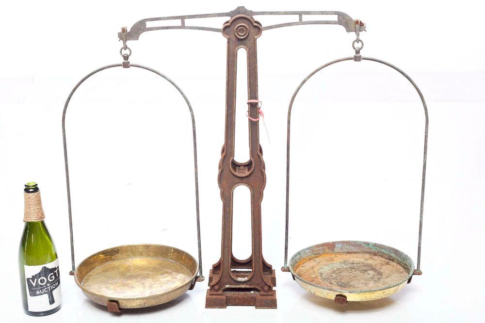 Iron and brass balance beam scale: 27" tall x 31" wide