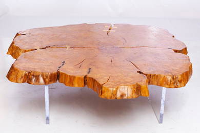 After George Nakashima, live-edge cypress coffee table