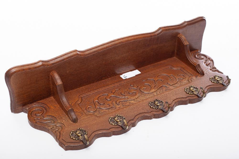 Dutch style oak hanging coatrack with brass hooks: 12 tall x 32 wide