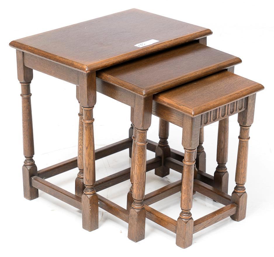 Set of 3 oak nesting tables: 19 tall x 19 wide x 13 deep