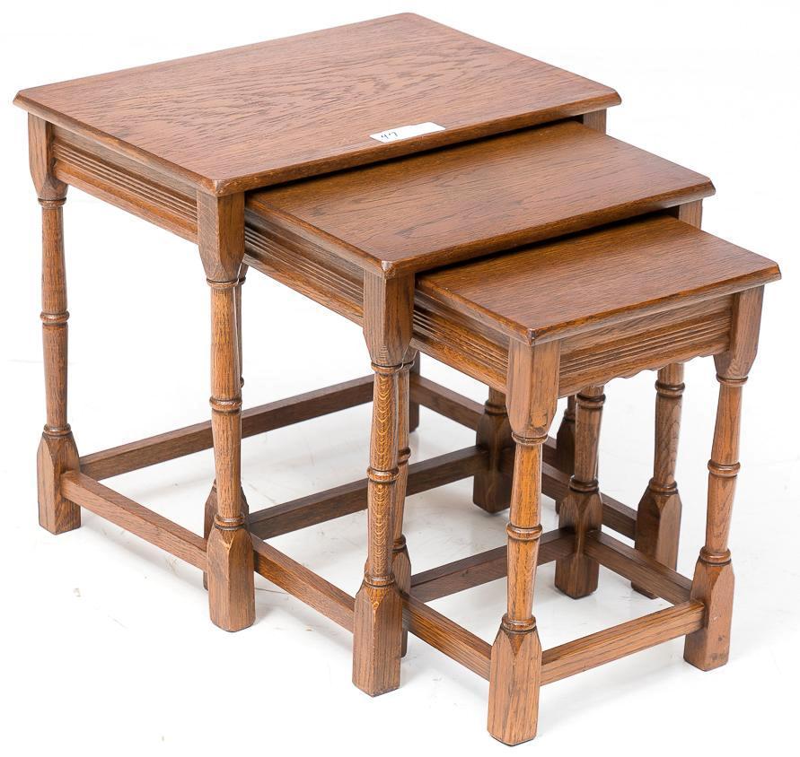 Set of 3 Jacobean-style oak nesting tables: 19 tall x 20 wide x 13.5 deep