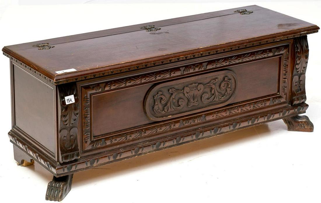 Italian Renaissance-style carved mahogany cassone trunk: 19.5 tall x 50.5 wide x 16.5 deep