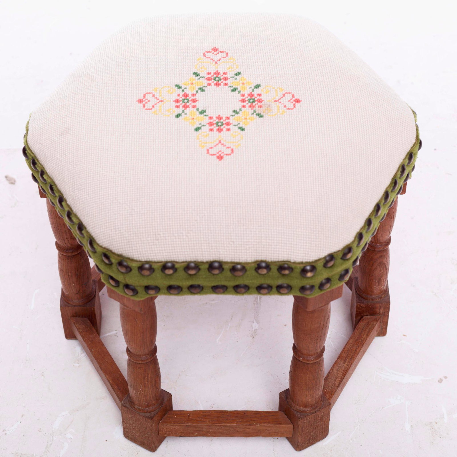 Needlepoint upholstered oak footstool: 14" tall x 17" wide x 17" deep