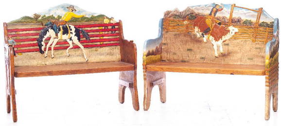 Pair of painted relief carved benches