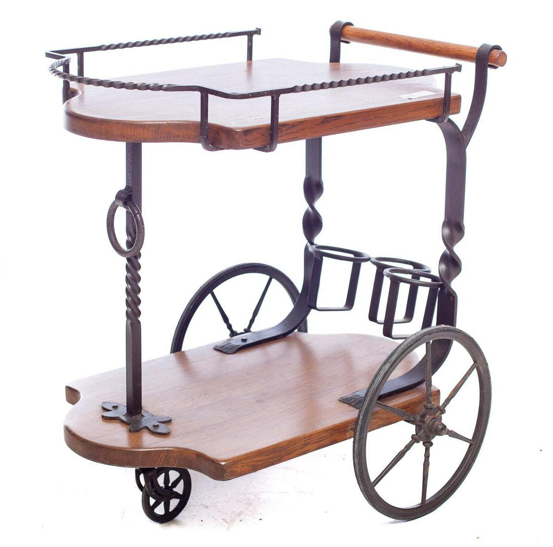 Wrought iron & oak tea trolley: 30' tall x 28.5' long x 19' wide