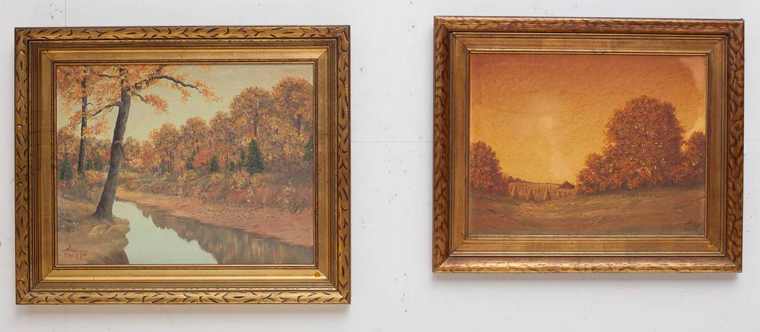 Pair of Arthur B.Jeffreys (1892-1970) landscapes: Arthur Bishop Jeffreys, 1892-1970, was born in Hillsboro, Texas. He had a mixed career as a painter and newspaper journalist. Starting late to paint in 1923, when in his early thirties, he was employe