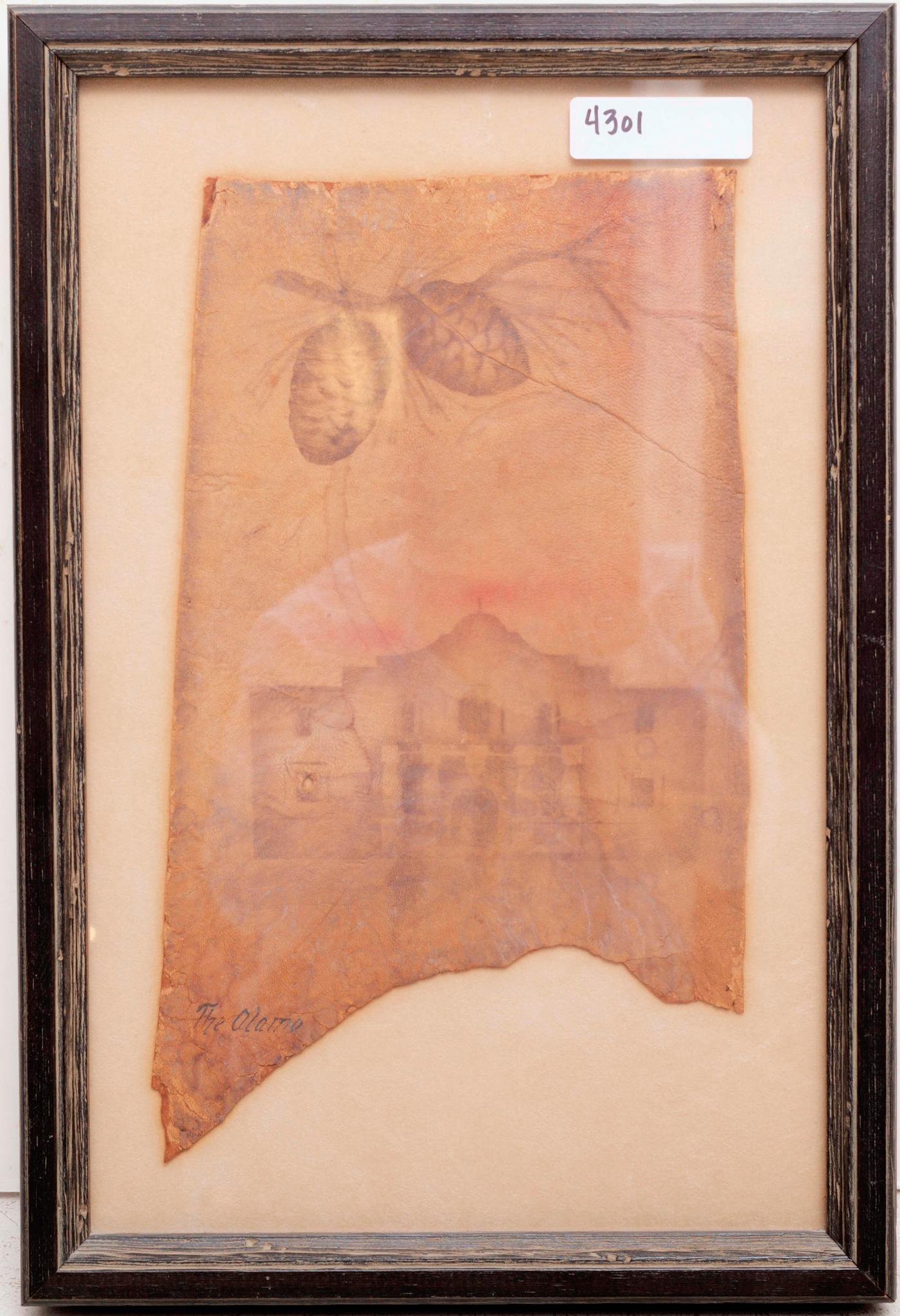 Framed, Alamo Scene, paint on leather, 21.5' tall x (1 of 2)