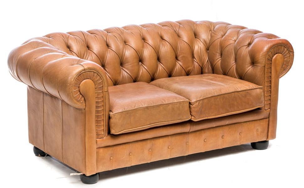 Chesterfield-style leather upholstered loveseat: 30" tall x 70" long