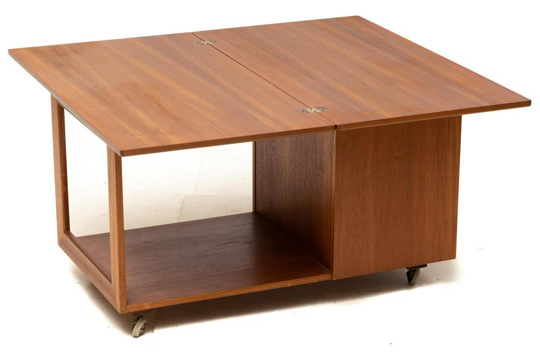 Mid century teak wheeled fold-out card table: 22" tall x 34.5" wide x 19" deep
