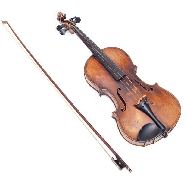 Vintage carved violin & bow: 24" long