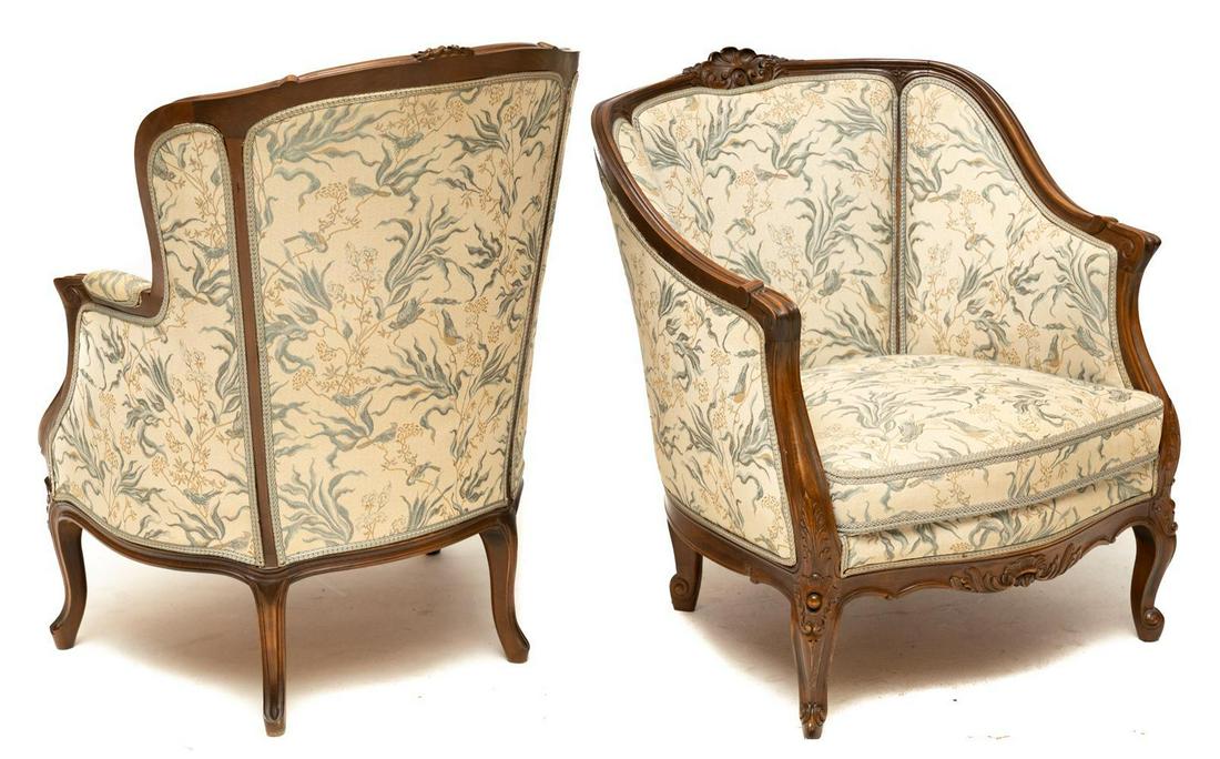 Pair of Louis XV-style upholstered bergere chairs: 37" tall x 27" wide