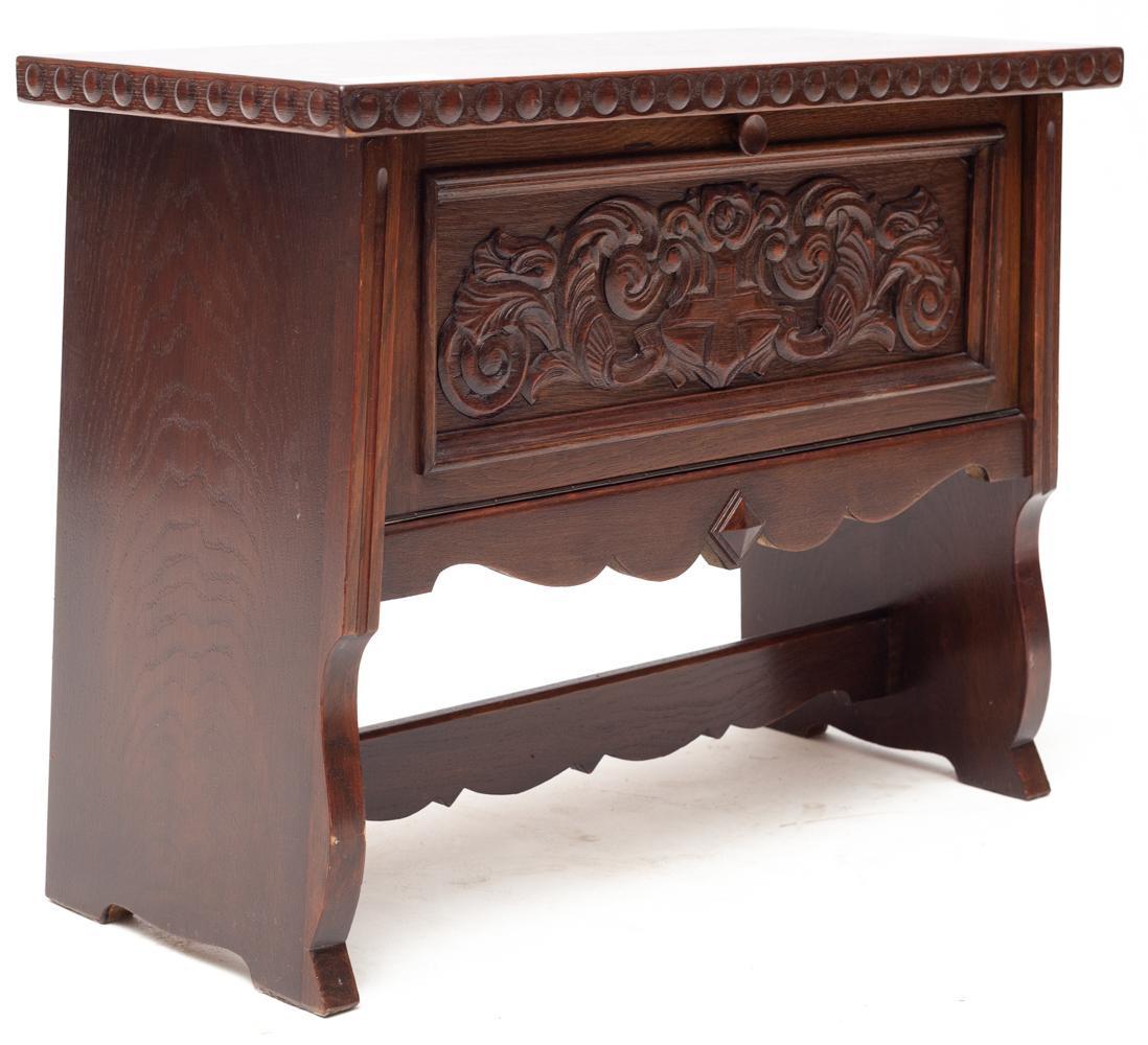 Dutch Renaissance-style carved drop-front chest: 24" tall x 30.5" wide x 14" deep