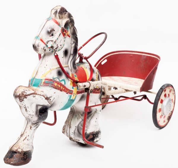 Polychrome metal child's horse with carriage toy: 22 tall x 36long
