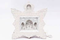 Framed lit mother of pearl carved nativity scene