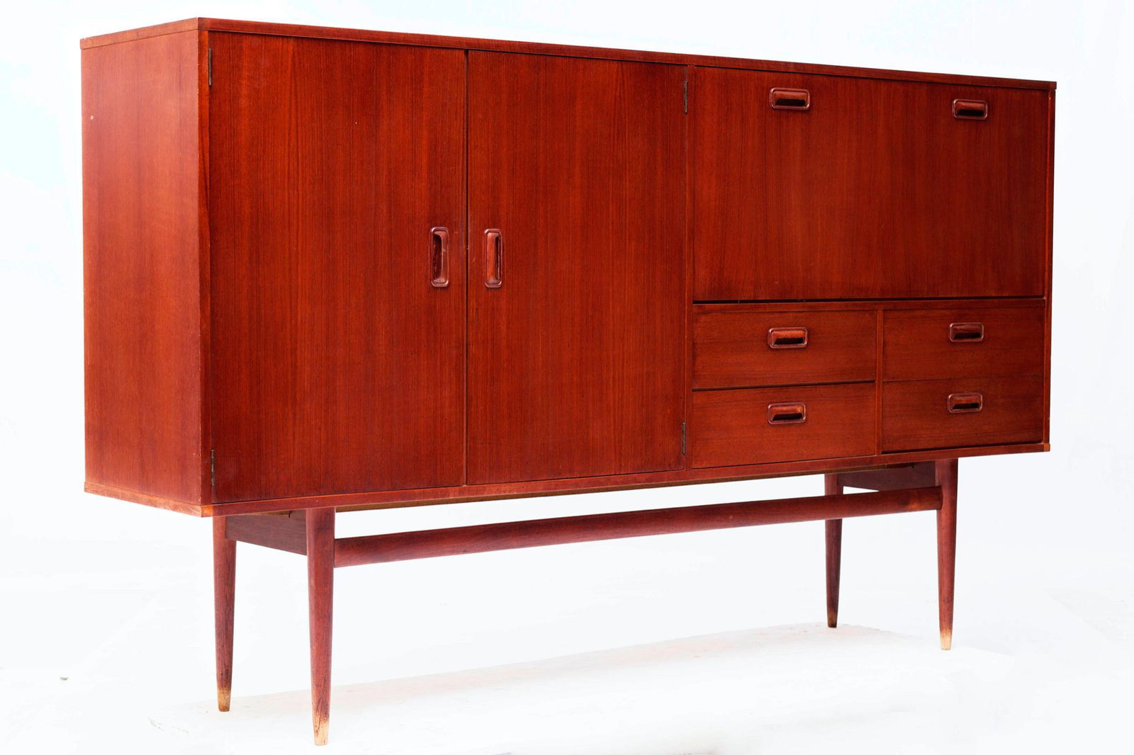 Mid century teak highboy with cocktail cabinet: 46 tall x 78 wide x 17 deep