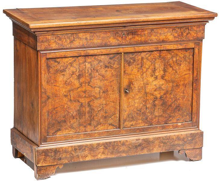 Henri II-style burlwood veneered buffet: 40" tall x 50" wide x 22" tall Provenance: The Estate of Danny Spear/Land of Was Antiques