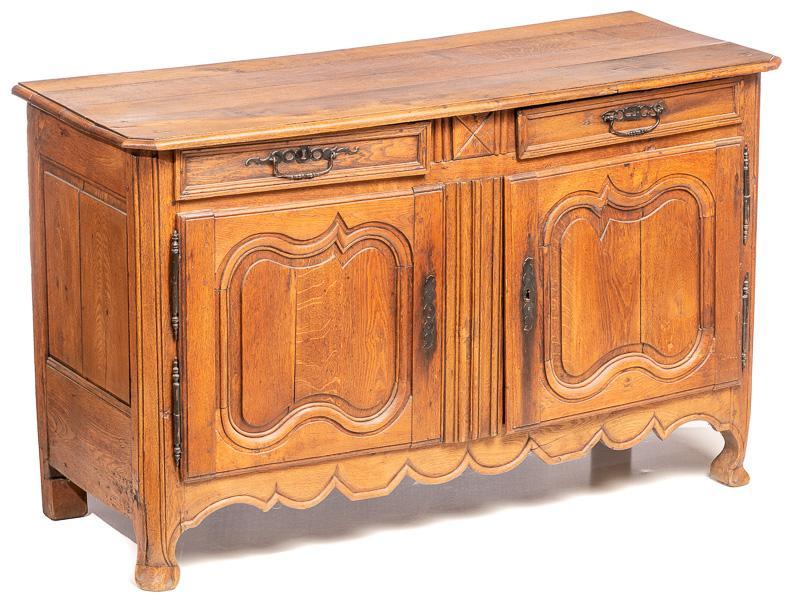 Louis XV-style 2-door carved oak buffet: 37" tall x 60" wide x 24" deep Provenance: The Estate of Danny Spear/Land of Was Antiques