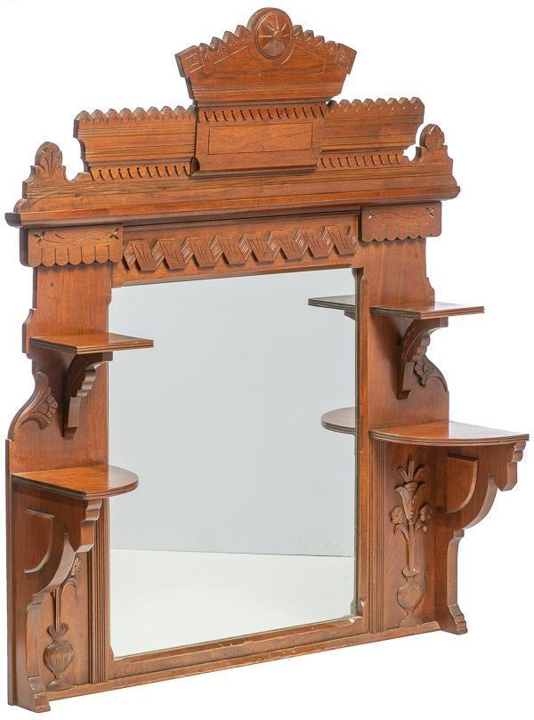 East lake-style carved mirror: 61" tall x 51" wide x 12" deep Provenance: The Estate of Danny Spear/Land of Was Antiques