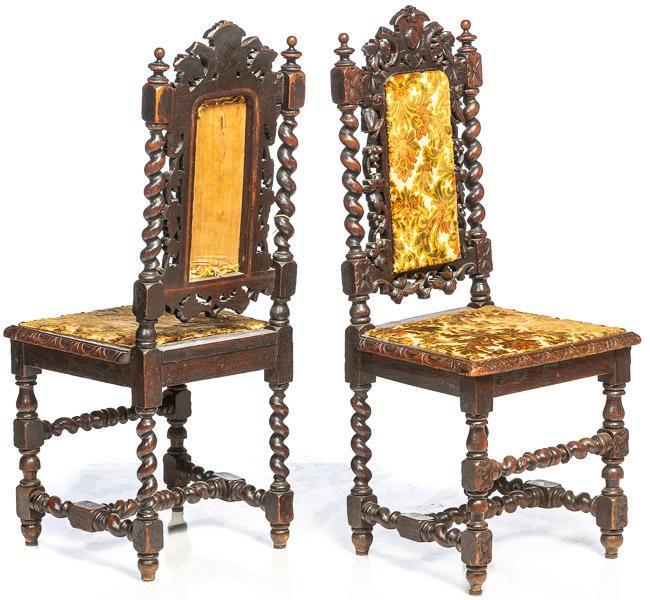 Pair of carved barley twist chairs: 43" tall x 19" wide Provenance: The Estate of Danny Spear/Land of Was Antiques