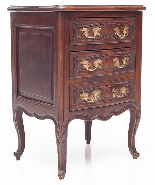 Louis XV-style walnut nightstand: 24" tall x 17" wide x 14.5" deep