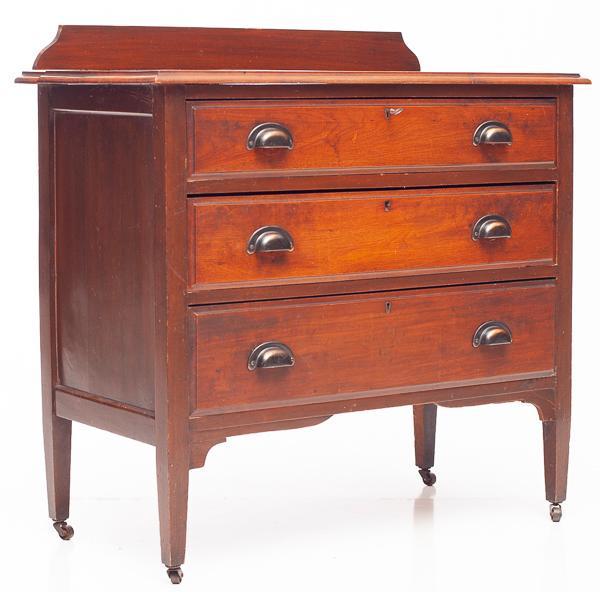 Wheeled 3-drawer oak commode: 34" tall x 35" wide x 18.5" deep