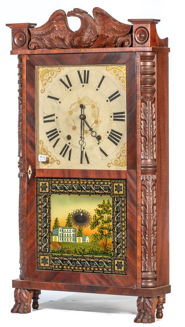 Eli Terry Carved Quarter Column and Splat Clock: Eli Terry Carved Quarter Column and Splat Wood Works Clock 32" tall, 17.25" wide, 4.25" deep