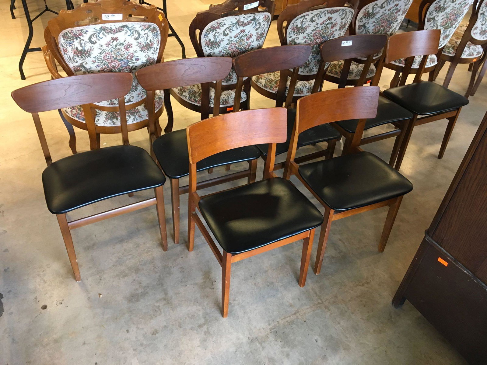 Set of 7 Retro Teak Chairs: 30" tall x 17.5" wide/ Largest