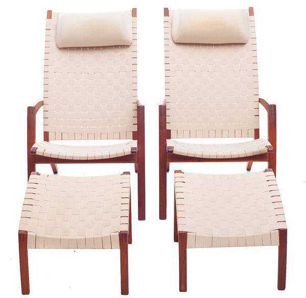 Pair of Retro Teak Chairs with Matching Ottomans: 39" tall x 24" wide/ chairs 16" tall x 18.5" wide/ ottoman