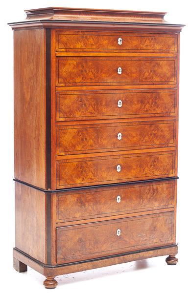 Biedermeier-Style Burl Wood 7 Drawer Chest: 62.5" tall x 40" wide x 19.5" deep