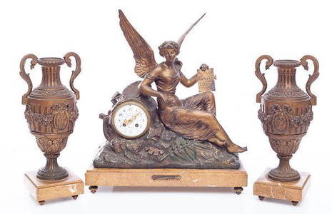 3pc Spelter Maisson Roussy Clock Garniture