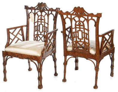 Pair of Chinoiserie Chippendale-style Chairs: Provenance: The Estate of Linda McDougald 41.5" tall x 26" wide