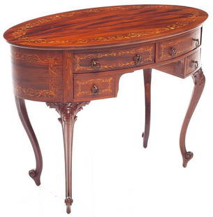 Inlaid Oval Writing Desk: Provenance: The Estate of Linda McDougald 30.5" tall x 42" long x 24" deep