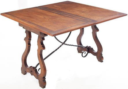 Spanish-style Lyre Base Oak Table: 29.5" tall x 43.5" long x 21.5" wide