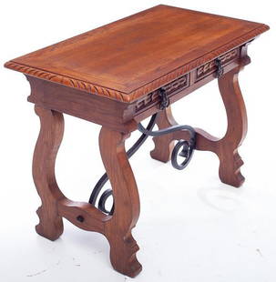 Spanish-style Oak Lyre Form Side Table: 27.5" tall x 35.5" long x 21" wide