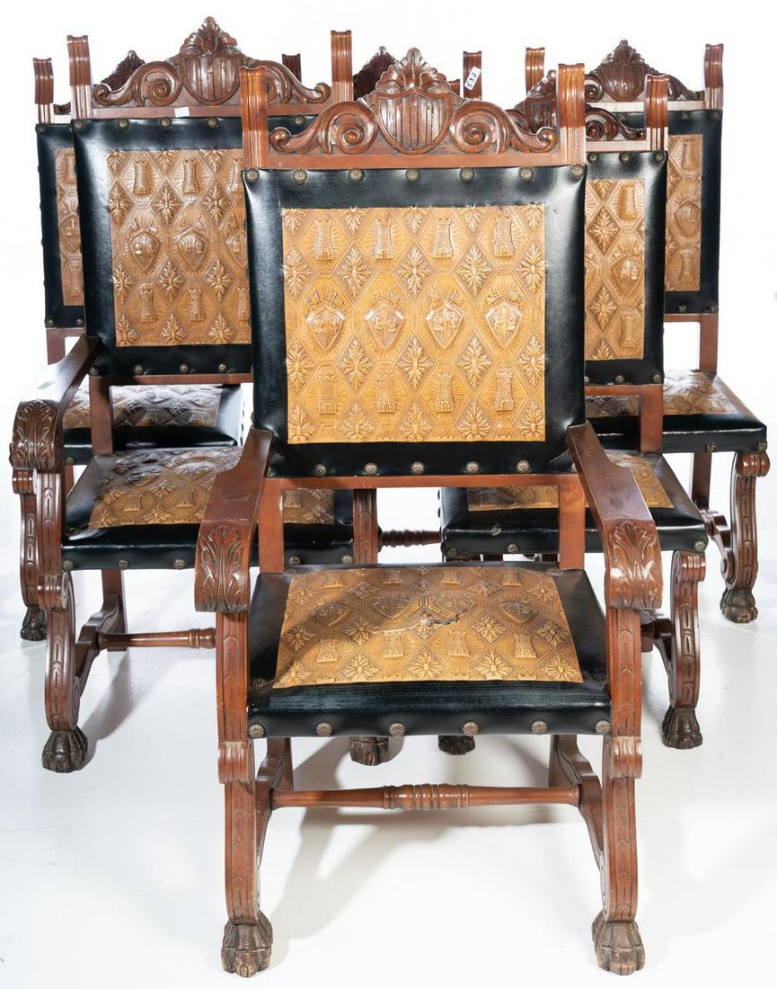Set of 6 Spanish Chairs with Leather Cresting: Condition: rip to upholstery 45" tall x 25" wide