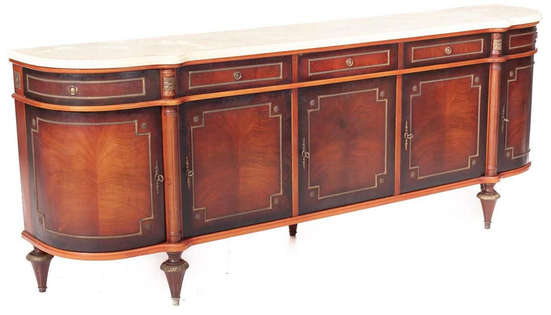 Louis XVI-style Mahogany and Marble Enfilade Sideboard: With key