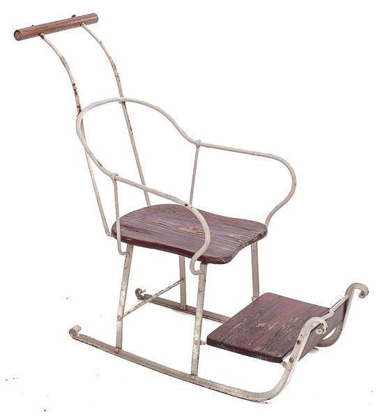 Vintage Beech and Metal Sleigh: 32" tall x 40" long x 16.5" wide