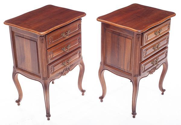 Pair of Louis XV-style 3 Drawer Walnut Nightstands: 26.5" tall x 18.5" wide x 14.5" deep