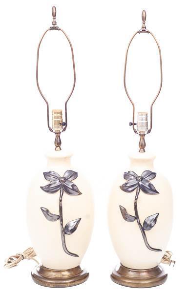 Pair of Hand Painted Royal Gouda Table Lamps: Wired American 32" tall x 9" wide