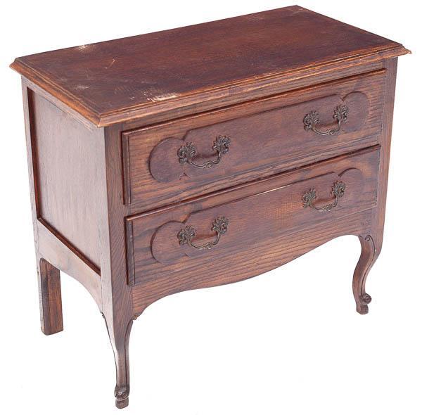 Dark Oak 2 Drawer Commode: Condition: Light abrasion on left front corner 24.5" tall x 27.5" wide x 14" deep