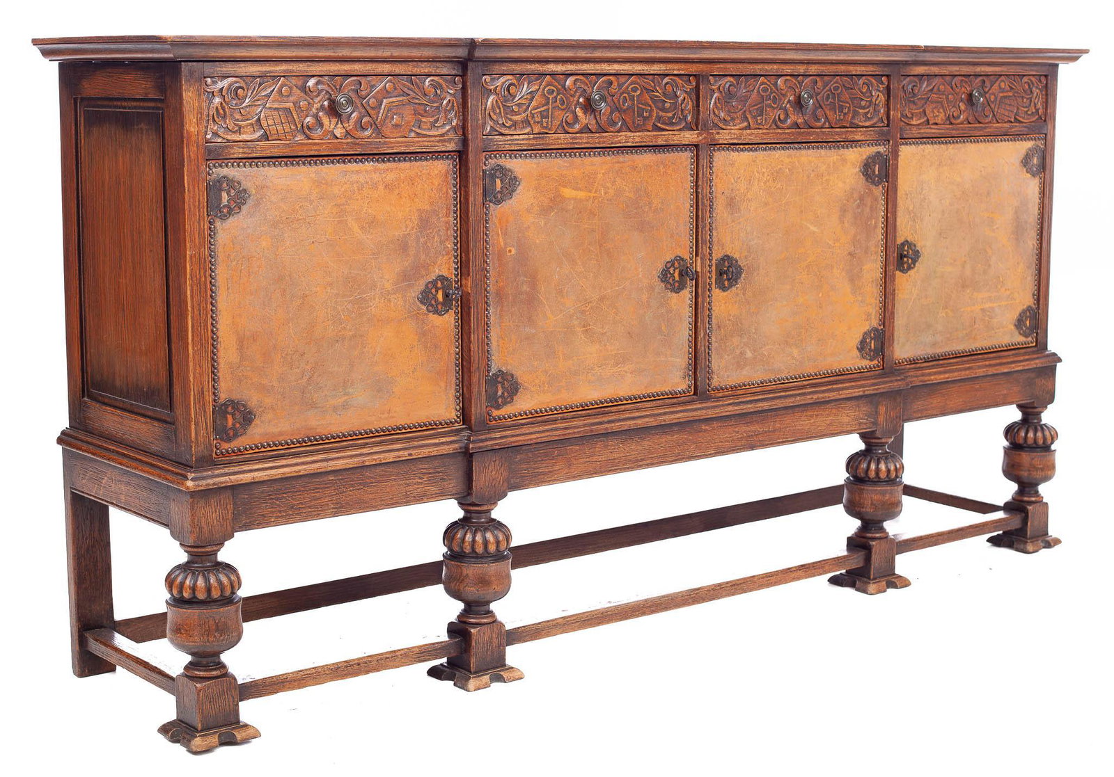 Oak and Leather Sideboard with 4-Doors and 4-Drawers: 4 keys 43.5" tall x 86.5" long x 20.5" deep