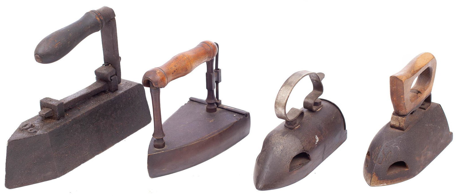 Lot of 4 Vintage Irons: 9" tall x 12" wide/ Largest