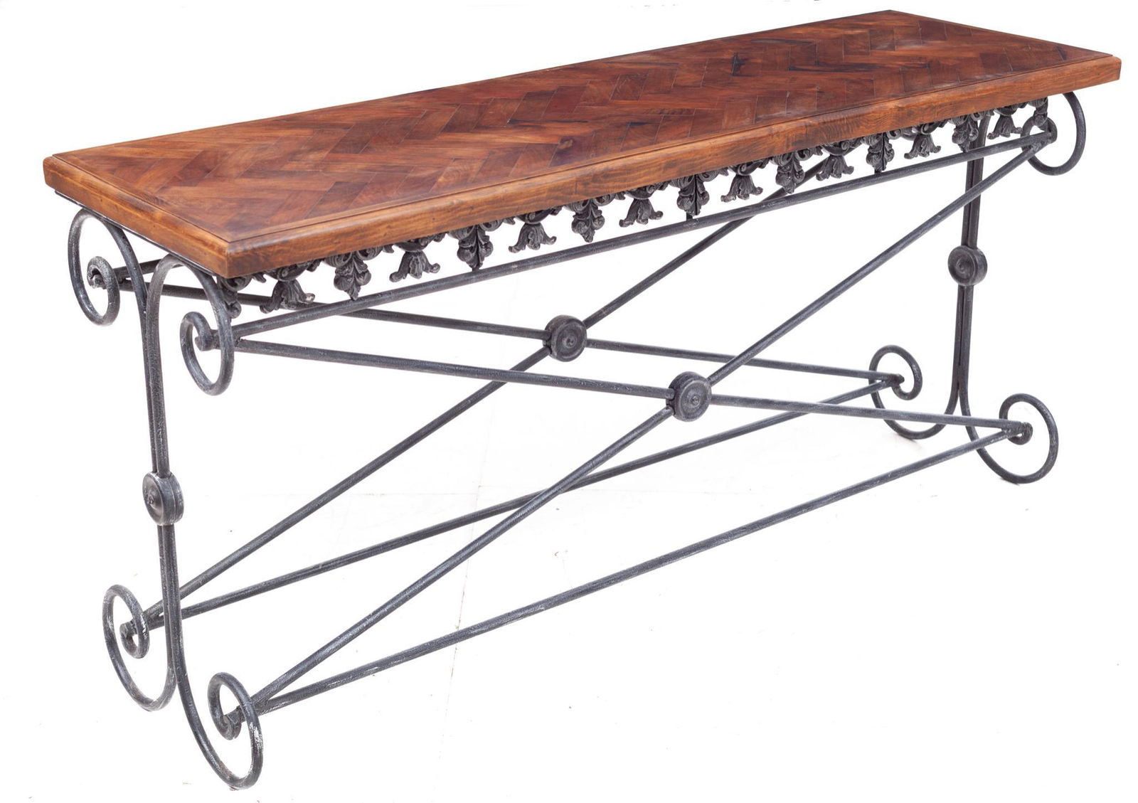 Parquet Hall Table with Wrought Iron Base (1 of 3)
