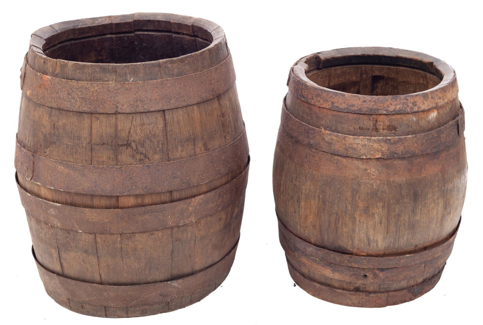 Pair of Vintage Banded Wooden Barrels: 22" tall x 22" wide/ Largest